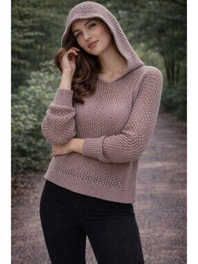 Taupe mesh knit hoodie. Size Large Fairy Grunge crocheted cottagecore